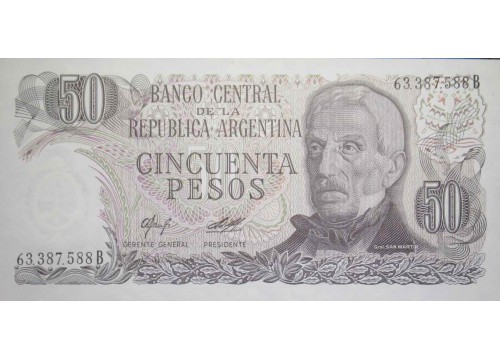 Банкнота Аргентина 50 (пятьдесят) песо 1976-1978 год. Pick 301a2. UNC