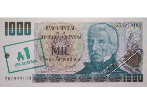 Банкнота Аргентина 1000 (тысяча) песо 1985 год. Pick 320. UNC