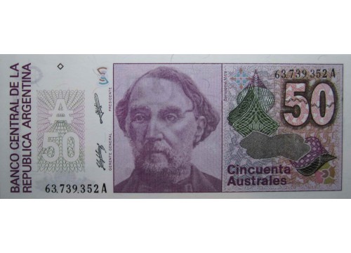 Банкнота Аргентина 50 (пятьдесят) песо 1986-1989 год. Pick 326b2. UNC