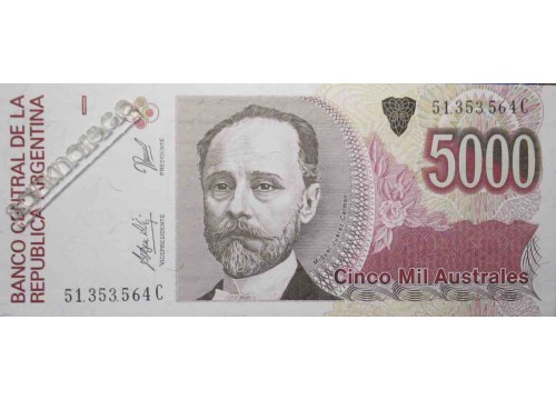 Банкнота Аргентина 5000 (пять тысяч) аустралей 1989-91 год. Pick 330.5. UNC
