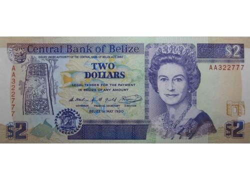 Банкнота Белиз 2 (два) доллара 1990 год. Pick 52a. UNC