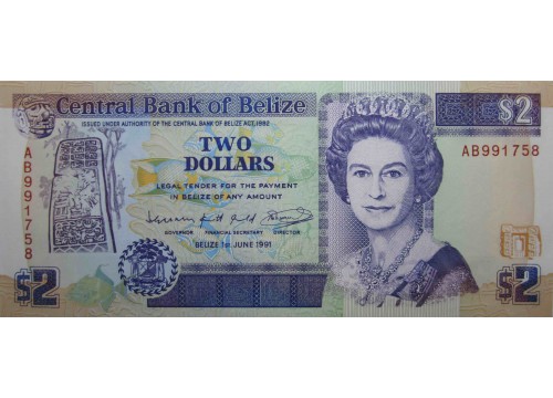 Банкнота Белиз 2 (два) доллара 1991 год. Pick 52b. UNC