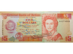 Банкнота Белиз 5 (пять) долларов 1990 год. Pick 53a. UNC