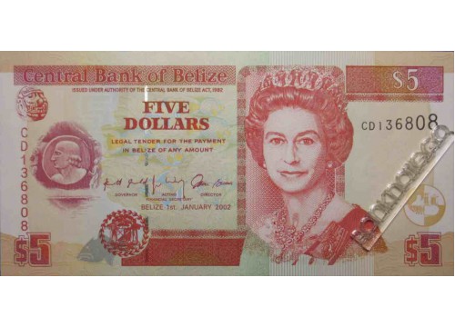 Банкнота Белиз 5 (пять) долларов 2002 год. Pick 61b. UNC