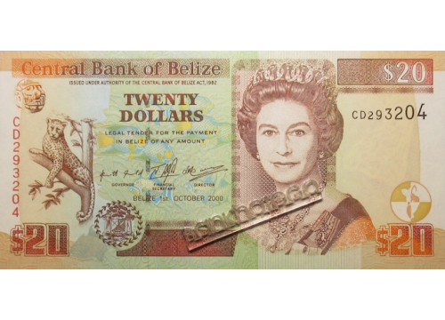 Банкнота Белиз 20 (двадцать) долларов 2000 год. Pick 63b. UNC