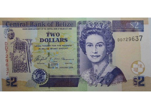 Банкнота Белиз 2 (два) доллара 2005 год. Pick 66b. UNC