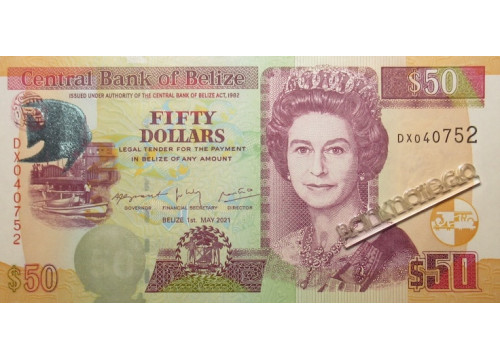 Банкнота Белиз 50 (пятьдесять) долларов 2021 год. Pick 70g. UNC