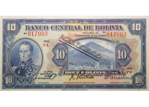 Банкнота Боливия 10 (десять) боливано 1928 год. Pick 121a8. UNC