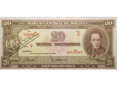 Банкнота Боливия 20 (двадцать) боливано 1945 год. Pick 140a7. UNC