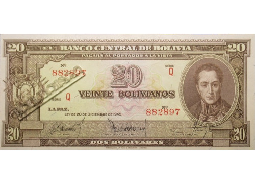 Банкнота Боливия 20 (двадцать) боливано 1945 год. Pick 140a7. UNC