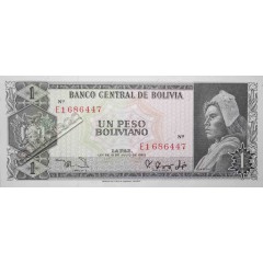 Банкнота Боливия 1 (один) боливано 1962 год. Pick 158a7. UNC