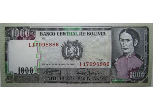 Банкнота Боливия 1000 (тысяча) боливано 1982 год. Pick 167a2. UNC
