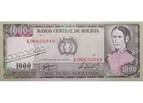 Банкнота Боливия 1000 (тысяча) боливано 1982 год. Pick 167a3. UNC