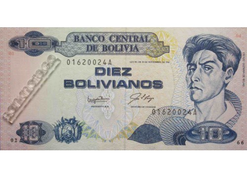 Банкнота Боливия 10 (десять) боливано 1987 год. Pick 204a. UNC