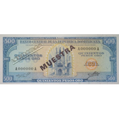 Банкнота Доминикана 500 (пятьсот) песо 1965-74 год. Pick 105s. UNC
