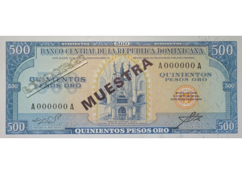 Банкнота Доминикана 500 (пятьсот) песо 1965-74 год. Pick 105s. UNC