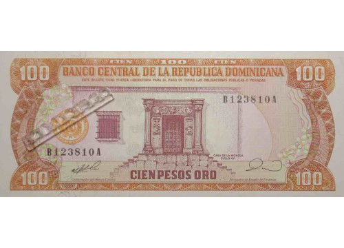 Банкнота Доминикана 100 (сто) песо 1990 год. Pick 128b. UNC