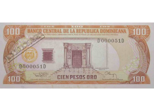 Банкнота Доминикана 100 (сто) песо 1994 год. Pick 136b. UNC