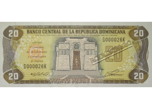 Банкнота Доминикана 20 (двадцать) песо 1992 год. Pick 139a. UNC