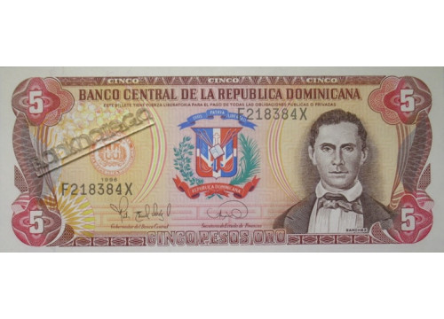 Банкнота Доминикана 5 (пять) песо 1995 год. Pick 152a. UNC