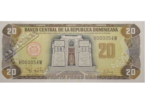 Банкнота Доминикана 20 (двадцать) песо 1998 год. Pick 154b. UNC