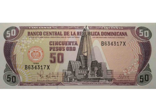 Банкнота Доминикана 50 (пятьдесят) песо 1998 год. Pick 155b. UNC