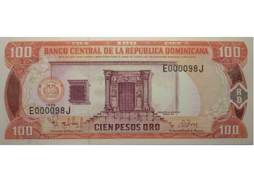 Банкнота Доминикана 100 (сто) песо 1998 год. Pick 156b. UNC