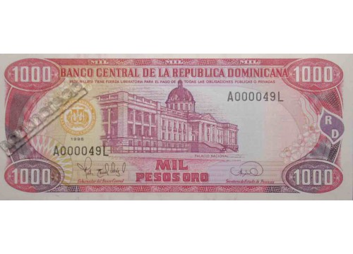 Банкнота Доминикана 1000 (тысяча) песо 1996 год. Pick 158a. UNC
