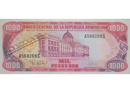 Банкнота Доминикана 1000 (тысяча) песо 1996 год. Pick 158b. UNC