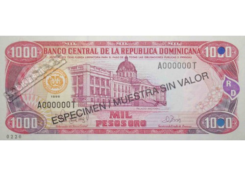 Банкнота Доминикана 1000 (тысяча) песо 1998 год. Pick 158s3. UNC