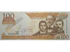 Банкнота Доминикана 100 (сто) песо 2002 год. Pick 171b. UNC
