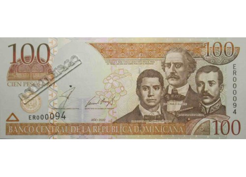 Банкнота Доминикана 100 (сто) песо 2002 год. Pick 171b. UNC