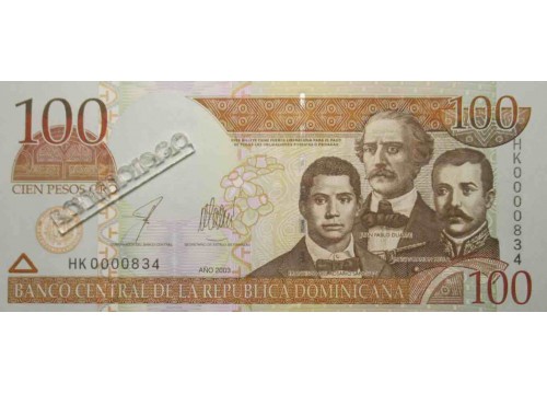 Банкнота Доминикана 100 (сто) песо 2003 год. Pick 171c. UNC