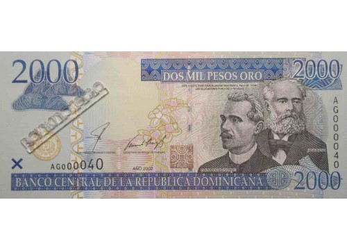 Банкнота Доминикана 2000 (две тысячи) песо 2002 год. Pick 174a. UNC