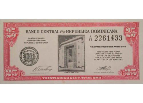 Банкнота Доминикана 25 (двадцать пять) сентаво 1961 год. Pick 87. UNC