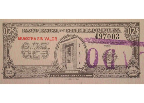 Банкнота Доминикана 25 (двадцать пять) сентаво 1961 год. Pick 88s. UNC
