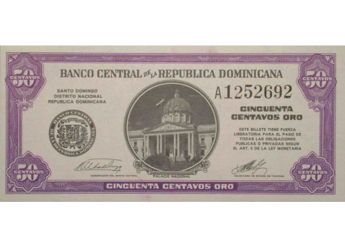 Банкнота Доминикана 50 (пятьдесят) сентаво 1961 год. Pick 89a. UNC