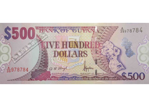 Банкнота Гайана 500 (пятьсот) долларов 2000 год. Pick 34a. UNC