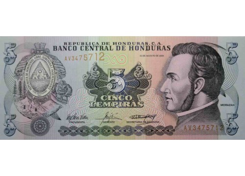 Банкнота Гондурас 5 (пять) лемпир 2004 год. Pick 85d. UNC