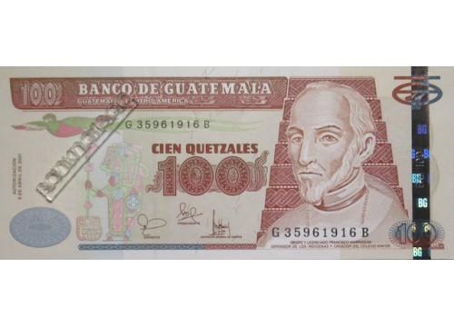 Банкнота Гватемала 100 (сто) кетсалей 2001 год. Pick 104a. UNC
