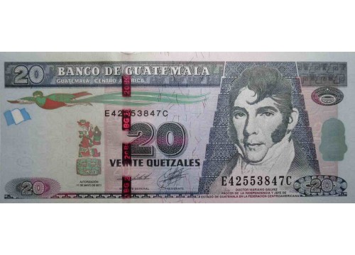 Банкнота Гватемала 20 (двадцать) кетсалей 2011 год. Pick 124b. UNC