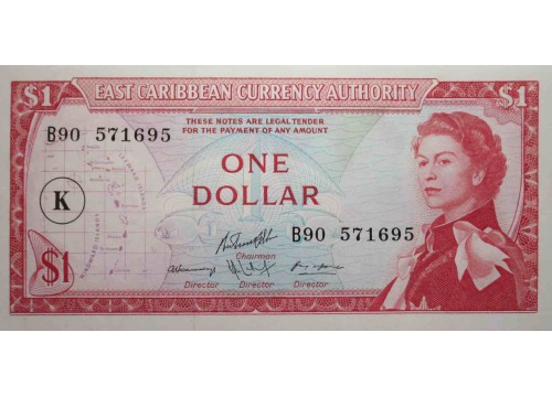 Банкнота Карибские о-ва 1 (один) доллар 1965 год. Pick 13k. UNC