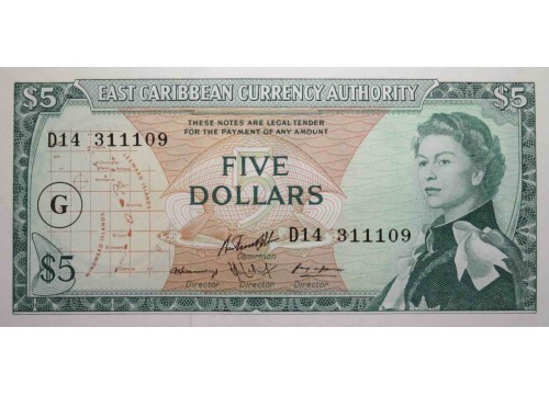 Банкнота Карибские о-ва 5 (пять) долларов 1965 год. Pick 14k. UNC