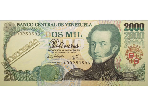 Банкнота Венесуэла 2000 (две тысячи) боливаров 1994 год. Pick 74a. UNC