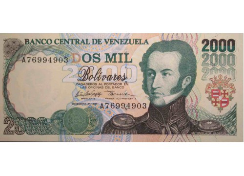 Банкнота Венесуэла 2000 (две тысячи) боливаров 1995 год. Pick 74b. UNC