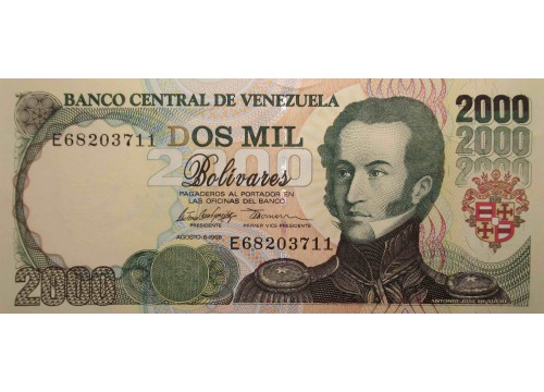 Банкнота Венесуэла 2000 (две тысячи) боливаров 1998 год. Pick 77c. UNC