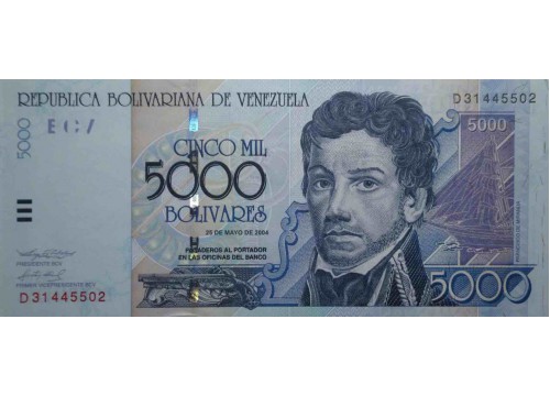 Банкнота Венесуэла 5000 (пять тысяч) боливаров 2004 год. Pick 84c. UNC