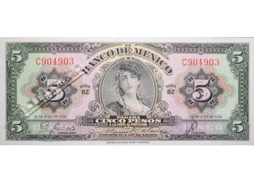 Банкнота Мексика 5 (пять) песо 1950 год. Серия BZ. Pick 34L. UNC