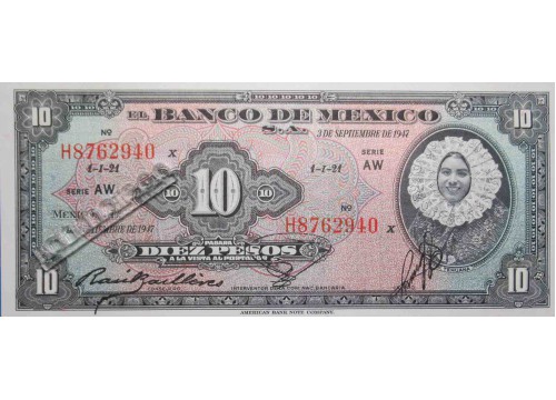 Банкнота Мексика 10 (десять) песо 1947 год. Серия AW. Pick 47b. UNC