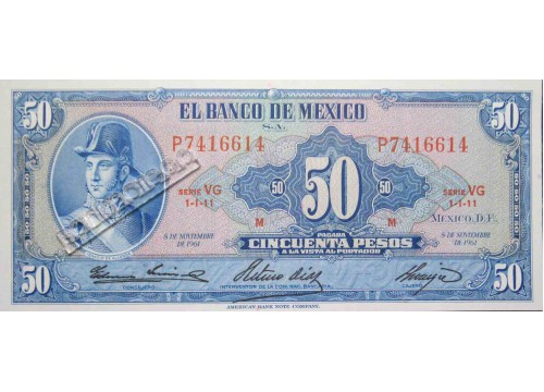 Банкнота Мексика 50 (пятьдесят) песо 1961 год. Серия VG. Pick 49n. UNC
